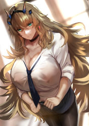 Rule 34 | 1girl, black pantyhose, breasts, cleavage, collarbone, collared shirt, covered erect nipples, dress shirt, barghest (fate), fate/grand order, fate (series), green eyes, grey skirt, horns, huge breasts, jikihatiman, light brown hair, long hair, long sleeves, looking at viewer, necktie, pantyhose, shirt, skirt, solo, thighs, very long hair, white shirt