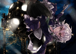 Rule 34 | &gt;:), 1girl, adapted costume, alternate eye color, bad anatomy, bad hands, bad id, bad pixiv id, black legwear, blue dress, blurry, depth of field, dress, floating, gloves, izayoi sakuya, long sleeves, looking up, night, night sky, outdoors, poorly drawn, short hair, silver hair, sky, smile, solo, star (sky), starry sky, touhou, upside-down, v-shaped eyebrows, white gloves, yellow eyes, zairen