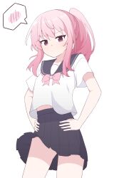 Rule 34 | 1girl, absurdres, black skirt, copyright request, cover, cover page, hagoonha, highres, novel cover, pink eyes, pink hair, pink ribbon, ponytail, ribbon, school uniform, shirt, simple background, skirt, speech bubble, thighs, white background, white shirt