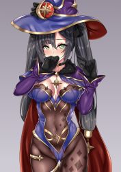 Rule 34 | 1girl, absurdres, black gloves, black hair, blue hat, blue leotard, blush, bodystocking, bodysuit, bodysuit under clothes, breasts, cape, cleavage, covered navel, genshin impact, gloves, green eyes, hat, highres, leotard, long hair, looking at viewer, lumu yuanxiang, medium breasts, mona (genshin impact), purple cape, thighlet, thighs, twintails, witch hat