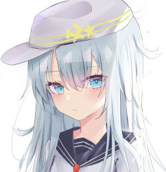 Rule 34 | 1girl, absurdres, blue eyes, blue hair, commentary request, eyes visible through hair, flat cap, hair between eyes, hammer and sickle print, hat, hibiki (kancolle), highres, kantai collection, light blue hair, long hair, looking at viewer, lshiki, messy hair, revision, school uniform, serafuku, simple background, solo, upper body, verniy (kancolle), white background