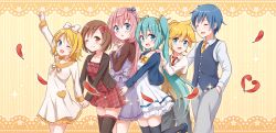 Rule 34 | 2boys, 4girls, arm up, blonde hair, blue eyes, blue hair, blush, bow, brown eyes, brown hair, closed eyes, feathers, green hair, hair bow, hair ornament, hairclip, hand in pocket, hands on shoulders, hatsune miku, heart, holding hands, kagamine len, kagamine rin, kaito (vocaloid), long hair, looking at viewer, megurine luka, meiko (vocaloid), multiple boys, multiple girls, necktie, one eye closed, open mouth, pink hair, short hair, skirt, smile, snowmi, twintails, vocaloid