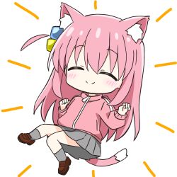 Rule 34 | 1girl, animal ears, blush, bocchi the rock!, cat ears, cat girl, cat tail, chibi, closed eyes, cube hair ornament, full body, gotoh hitori, hair ornament, highres, jacket, kotatsu-mazoku, loafers, long hair, long sleeves, one side up, pink hair, pleated skirt, shoes, skirt, smile, socks, solo, tail, track jacket