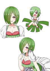 Rule 34 | 1girl, artist request, between legs, blush, bow, breasts, chibi, cleavage, collarbone, corset, covering crotch, covering privates, creatures (company), dress, earrings, female focus, finger to mouth, full body, game freak, gardevoir, gen 3 pokemon, green hair, hair over one eye, hand between legs, hand to own mouth, hand up, heart, heart earrings, highres, jewelry, jpeg artifacts, leaning forward, looking at viewer, medium breasts, multiple views, nintendo, open mouth, own hands together, personification, pointy ears, pokemon, pokemon rse, red eyes, red footwear, shoes, short hair, short sleeves, simple background, smile, sweat, upper body, v arms, white background, white bow, white dress