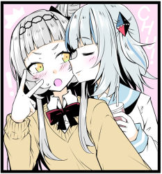 Rule 34 | 2girls, alternate costume, black border, blue hair, blunt bangs, blush, border, bow, bowtie, closed eyes, collared shirt, cup, drinking straw, facing another, gawr gura, grey hair, hair bun, holding, holding cup, hololive, hololive english, ichimi, kiss, kissing cheek, long hair, long sleeves, looking at another, medium hair, multicolored hair, multiple girls, murasaki shion, open mouth, outstretched arm, pink background, red bow, red bowtie, sailor collar, selfie, shirt, single hair bun, two-tone hair, upper body, virtual youtuber, yellow eyes, yuri