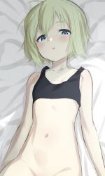 Rule 34 | 1girl, :o, absurdres, bangs, bed, bed sheet, black sports bra, blonde hair, blue eyes, blush, bottomless, erica hartmann, fankupl, hair between eyes, highres, lying, on back, on bed, open mouth, short hair, solo, sports bra, strike witches, world witches series