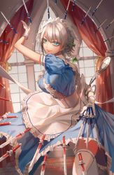 Rule 34 | 1girl, absurdres, apron, between fingers, blue dress, blue eyes, bow, braid, cowboy shot, dress, frilled apron, frilled skirt, frills, gloves, hair bow, highres, holding, izayoi sakuya, knife, looking at viewer, maid, maid apron, maid headdress, pocket watch, puffy short sleeves, puffy sleeves, short hair, short sleeves, silver hair, skirt, solo, thighhighs, touhou, twin braids, watch, white gloves, white headwear, white thighhighs, ze xia