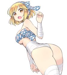 Rule 34 | 10s, 1girl, :o, ahoge, ass, bandaged arm, bandaged leg, bandages, bandeau, bare shoulders, blonde hair, blue bow, blush, bow, breasts, brown eyes, chan co, cowboy shot, djeeta (granblue fantasy), dutch angle, eyebrows, from behind, granblue fantasy, hair bow, hairband, looking at viewer, looking back, medium breasts, open mouth, short hair, simple background, solo, strapless, tareme, underboob, white background, yellow eyes