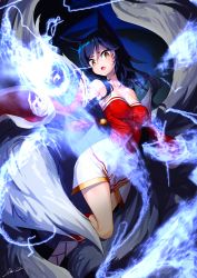 Rule 34 | 1girl, ahri (league of legends), animal ears, bare shoulders, black hair, breasts, cleavage, clothing request, collarbone, detached sleeves, facial mark, fox ears, fox tail, highres, korean clothes, kyuubi, league of legends, long hair, looking at viewer, magic, medium breasts, multiple tails, open mouth, overlord (overlord80000), sleeveless, solo, strapless, tail, vastaya, whisker markings, yellow eyes