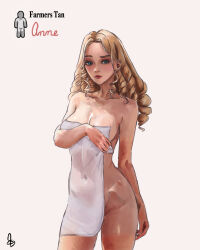 Rule 34 | 1girl, 4 tans challenge (meme), blonde hair, breasts, character name, collarbone, commentary, covered navel, curly hair, english commentary, highres, looking at viewer, medium breasts, meme, naked towel, nude, original, scanlonaustin, simple background, solo, standing, towel, white background, white towel
