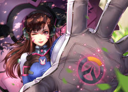 Rule 34 | 1girl, ;), animal print, artist request, bodysuit, breasts, brown eyes, brown hair, d.va (overwatch), facial mark, foreshortening, headphones, long hair, looking at viewer, medium breasts, one eye closed, outstretched arm, overwatch, overwatch 1, perspective, qi kou, rabbit print, shade, shaded face, smile, solo, upper body, whisker markings