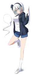 Rule 34 | 1girl, alternate costume, bare legs, black hairband, black ribbon, blue jacket, blush, breasts, casual, commentary request, contemporary, denim, denim shorts, drawstring, eyes visible through hair, full body, green eyes, hair between eyes, hair ribbon, hairband, hand up, head tilt, highres, hitodama, hood, hooded jacket, jacket, konpaku youmu, konpaku youmu (ghost), leg up, long sleeves, looking at viewer, medium breasts, nori tamago, open clothes, open jacket, ribbon, shadow, shirt, shoes, short hair, short shorts, shorts, silver hair, simple background, sneakers, socks, solo, standing, standing on one leg, thighs, touhou, white background, white footwear, white shirt, white socks