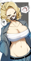 Rule 34 | 1girl, ?, doodle sensei (blue archive), black mask, blonde hair, blue archive, border, breast pocket, breasts, chest sarashi, cleavage, coat, collarbone, covered mouth, cowlick, flipped hair, flying sweatdrops, forehead, furrowed brow, gin moku, grey background, grey coat, hand in pocket, highres, large breasts, looking at viewer, mask, midriff, mole, mole on forehead, mouth mask, navel, open clothes, open coat, outside border, pocket, sarashi, sensei (blue archive), short hair, simple background, slit pupils, solo, spoken character, spoken question mark, stomach, sukeban (mg) (blue archive), tsurime, upper body, white border