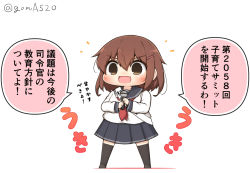 Rule 34 | 1girl, black sailor collar, black skirt, black thighhighs, brown eyes, brown hair, chibi, commentary request, fang, full body, goma (yoku yatta hou jane), hair ornament, hairclip, ikazuchi (kancolle), kantai collection, microphone, open mouth, pleated skirt, sailor collar, sash, school uniform, serafuku, short hair, simple background, skin fang, skirt, smile, solo, standing, thighhighs, translation request, twitter username, wavy mouth, white background