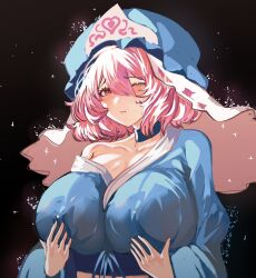 Rule 34 | 1girl, black background, blue headwear, blue kimono, breast hold, breasts, closed mouth, commentary, english commentary, hair between eyes, heart, highres, huge breasts, japanese clothes, kimono, looking at viewer, one eye closed, pink eyes, saigyouji yuyuko, simple background, solo, tomatolover16, touhou, triangular headpiece, upper body