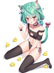 Rule 34 | 1girl, animal ears, bare shoulders, black bra, black choker, black panties, black thighhighs, bow, bra, cat cutout, cat ear panties, cat ears, cat girl, cat lingerie, cat tail, choker, cleavage cutout, clothing cutout, colored tips, flat chest, frilled bra, frills, green hair, hand up, highres, hololive, k mugura, lingerie, looking at viewer, meme attire, multicolored hair, navel, no shoes, panties, parted lips, red eyes, short hair, simple background, sitting, solo, stomach, string panties, tail, tail bow, tail ornament, thighhighs, thighs, underwear, uruha rushia, virtual youtuber, wariza, white background