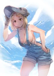 Rule 34 | 1girl, arm up, armpits, bare arms, bare shoulders, bent over, blonde hair, blue sky, blush, bow (bhp), breasts, brown eyes, brown gloves, cleavage, closed mouth, cloud, collarbone, cowboy shot, day, djeeta (granblue fantasy), from below, gloves, granblue fantasy, hairband, looking at viewer, mechanic (granblue fantasy), medium breasts, naked overalls, overalls, parted bangs, red hairband, short hair, single glove, sky, smile, solo, standing, tareme, welding mask