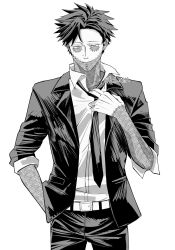 Rule 34 | bell mha, black hair, boku no hero academia, burn scar, collared shirt, dabi (boku no hero academia), ear piercing, formal, greyscale, highres, monochrome, multiple scars, necktie, piercing, scar, scar on back, shirt, sleeves rolled up, solo, stapled, suit, white background