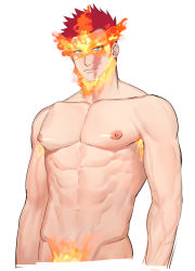 Rule 34 | 1boy, bara, beard, boku no hero academia, completely nude, endeavor (boku no hero academia), facial hair, fire, groin, large pectorals, looking at viewer, male focus, male pubic hair, mature male, muscular, muscular male, nude, pectorals, pubic hair, scar, scar across eye, scar on face, short hair, sideburns, solo, spiked hair, upper body, zhineart