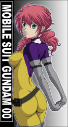 Rule 34 | 00s, 1girl, aqua eyes, arms behind back, ass, belt, belt pouch, bodysuit, breasts, elbow gloves, covered erect nipples, feldt grace, gloves, grey gloves, gundam, gundam 00, hanzou, impossible clothes, looking at viewer, looking back, medium breasts, pink hair, skin tight, solo, thighhighs, twintails