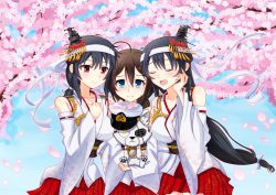 Rule 34 | 10s, 3girls, admiral (kancolle), alternate hairstyle, black hair, blue eyes, braid, breasts, cherry blossoms, detached sleeves, eyepatch, closed eyes, fingerless gloves, floral print, fusou (kancolle), girl sandwich, gloves, hair flaps, hair ornament, headband, headgear, highres, jacket, japanese clothes, kantai collection, kuroten, large breasts, long hair, multiple girls, nontraditional miko, obi, petals, red eyes, remodel (kantai collection), sandwiched, sash, shigure (kancolle), short hair, single braid, stuffed toy, tree, wide sleeves, wolf, yamashiro (kancolle)
