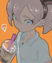 Rule 34 | 1girl, bad id, bad twitter id, bea (pokemon), between breasts, bow hairband, breasts, brown hairband, closed mouth, collared shirt, commentary, creatures (company), cup, disposable cup, drinking straw, eyelashes, game freak, grey eyes, hair between eyes, hairband, hand up, highres, holding, light brown hair, liquid, nintendo, official alternate costume, orange background, pokemon, pokemon swsh, school uniform, shirt, short hair, short sleeves, simple background, smile, solo, strap between breasts, sukoyaka lion, upper body, white shirt