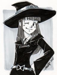 Rule 34 | 10s, 1girl, dated, eflunn (emilylunn), greyscale, hand on own hip, hat, kagari atsuko, little witch academia, marker (medium), monochrome, neck ribbon, one eye closed, pen (medium), ribbon, signature, smile, solo, traditional media, upper body, witch hat, wizard hat