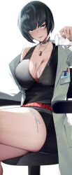 Rule 34 | 1girl, absurdres, belt, black hair, blunt bangs, breasts, brown eyes, chair, cleavage, collar, collarbone, highres, jewelry, lab coat, large breasts, long sleeves, looking at viewer, nail polish, necklace, office chair, open clothes, parted lips, persona, persona 5, pouring, pouring onto self, red nails, short hair, simple background, sitting, smile, solo, studded collar, swivel chair, takemi tae, thighs, white background, yuuyuu (yuuki1771)