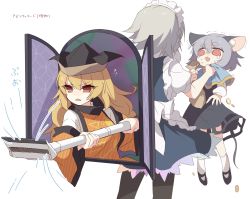 Rule 34 | 3girls, ?, ??, animal ears, apron, black dress, black footwear, black legwear, blonde hair, blue capelet, braid, brown eyes, capelet, commentary request, constellation print, door, dress, duplicate, grey hair, hat, highres, izayoi sakuya, kozakura (dictionary), layered clothes, long hair, long sleeves, maid, maid apron, maid headdress, matara okina, mouse ears, mouse tail, multiple girls, nazrin, pantyhose, red eyes, scared, shirt, shoes, short hair, socks, tabard, tail, tears, touhou, translation request, trembling, unconnected marketeers, waist apron, white legwear, white shirt, wide sleeves