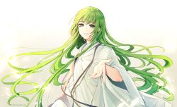 Rule 34 | 1boy, absurdres, androgynous, ede, enkidu (fate), fate/strange fake, fate (series), floating hair, green eyes, green hair, grin, highres, long hair, long sleeves, looking at viewer, male focus, reaching, reaching towards viewer, robe, smile, solo, trap, upper body, very long hair, wide sleeves