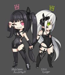 Rule 34 | 2girls, architect (girls&#039; frontline), black hair, black legwear, black leotard, black shorts, breasts, chibi, cleavage, commentary request, covered navel, crown, detached sleeves, english text, full body, gager (girls&#039; frontline), girls&#039; frontline, green eyes, grey background, hair ornament, high heels, holding hands, leotard, long hair, looking at viewer, medium breasts, multiple girls, nail polish, one eye closed, pink eyes, pink nails, ponytail, ran system, ringed eyes, sangvis ferri, shorts, side ponytail, sidelocks, simple background, striped, thighhighs, v over eye, white hair