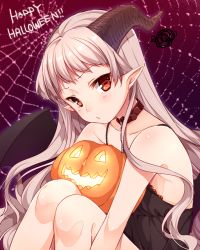 Rule 34 | 1girl, :o, bad id, bad nicoseiga id, bare arms, black dress, blonde hair, blush, chain, choker, collarbone, demon wings, dress, glowing, halloween, happy halloween, itou nanami, jack-o&#039;-lantern, legs, long hair, looking at viewer, original, pointy ears, red background, red eyes, silk, simple background, sitting, sleeveless, sleeveless dress, solo, spider web, very long hair, wings