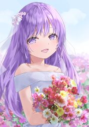 Rule 34 | 1girl, :d, angel beats!, bare shoulders, bouquet, bride, commentary request, cosmos (flower), dress, field, flower, flower field, hair flower, hair ornament, heaven burns red, highres, holding, holding bouquet, irie miyuki, long hair, looking at viewer, open mouth, outdoors, purple eyes, purple hair, sky, smile, solo, tsumugi-t, upper body, wedding dress, white dress