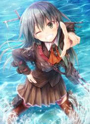 Rule 34 | 10s, 1girl, ;d, ascot, from above, grin, kantai collection, long hair, looking at viewer, machinery, one eye closed, open mouth, pleated skirt, pointing, pointing at viewer, grey eyes, silver hair, skirt, smile, solo, suien, suzuya (kancolle), turret