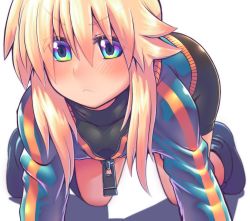 Rule 34 | 1girl, all fours, blonde hair, check commentary, commentary request, downblouse, green eyes, highres, jacket, koshirae tsurugi (m.m), m.m, original, solo, v-shaped eyebrows