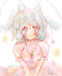 Rule 34 | 1girl, animal ears, blush, dress, eternity moon, female focus, grey eyes, inaba tewi, looking at viewer, orimoto asami, pink dress, puffy short sleeves, puffy sleeves, rabbit ears, short sleeves, silver hair, simple background, sketch, solo, touhou, v arms, white background