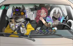 Rule 34 | 1girl, 3boys, absurdres, aqua eyes, arknights, bare arms, bare shoulders, black jacket, car, cellphone, character request, cup, disposable cup, driving, ethan (arknights), fang, fingerless gloves, furry, furry male, glasses, gloves, hair between eyes, highres, holding, holding cup, holding phone, hood, hooded jacket, jacket, long hair, looking at viewer, motor vehicle, multiple boys, myrtle (arknights), open mouth, phone, red hair, round eyewear, smartphone, spot (arknights), white hair, yellow jacket, yezhusansansansan
