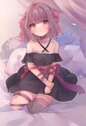 Rule 34 | 1girl, :o, ahoge, bare shoulders, bed, black dress, blush, bound, bow, brown hair, choker, collarbone, commission, commissioner upload, criss-cross halter, curtains, dress, fallenshadow, flat chest, frilled dress, frills, hair bow, hair ribbon, halterneck, hands on lap, highres, indie virtual youtuber, leg ribbon, looking at viewer, medium hair, off-shoulder dress, off shoulder, on bed, open mouth, pillow, pink bow, pink eyes, ribbon, ribbon bondage, sidelocks, single thighhigh, single wrist cuff, sitting, skeb commission, solo, thighhighs, thighs, virtual youtuber, wata ramune, wrist cuffs