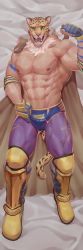 Rule 34 | 1boy, abs, animal ears, animal head, bara, bare pectorals, bulge, clothes pull, dakimakura (medium), flexing, full body, highres, jaguar, jaguar boy, jaguar ears, jaguar tail, king (tekken), large pectorals, leggings, luchador, lying, male focus, muscular, muscular male, navel, nipples, on back, on bed, pants, pants pull, pectorals, pulling own clothes, purple leggings, solo, stomach, tail, tekken, thick thighs, thighs, wball (ballballwolf), wrestling outfit
