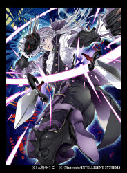 Rule 34 | 1boy, armor, ass, boots, butler, dagger, fire emblem, fire emblem fates, from below, gauntlets, gloves, greaves, grey hair, highres, jakob (fire emblem), knife, long hair, looking at viewer, low ponytail, male focus, nintendo, okuma yuugo, open mouth, pants, parted lips, ponytail, purple eyes, smile, solo, tight clothes, tight pants, weapon