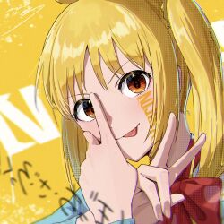Rule 34 | 1girl, absurdres, blonde hair, blue sweater, bocchi the rock!, bow, bowtie, character name, closed mouth, commentary, english commentary, foreground text, hair ornament, hand on own face, hands up, highres, ijichi nijika, long sleeves, looking at viewer, neck ribbon, parted bangs, red bow, red bowtie, red eyes, red ribbon, ribbon, seisyuntarotto, side ponytail, sidelocks, simple background, smile, solo, sweater, tongue, tongue out, v, yellow background