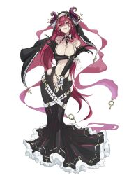 Rule 34 | 1girl, bare shoulders, black dress, breasts, cleavage, coif, demon girl, demon horns, detached collar, detached sleeves, dress, earrings, facial mark, full body, habit, hair between eyes, highres, hobble dress, horn ornament, horns, jewelry, large breasts, long hair, long sleeves, looking at viewer, navel, nun, open mouth, original, osisio, pointy ears, red eyes, red hair, ring, simple background, solo, torn clothes, torn dress, very long hair, white background