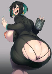 Rule 34 | 1girl, absurdres, allmind (armored core 6), armored core, armored core 6, ass, breasts, breasts out, butt crack, earrings, english text, green nails, gun, highres, huge ass, huge breasts, jewelry, laser, legs together, nipples, no panties, nuezou, open mouth, pantyhose, puffy nipples, science fiction, short hair, smug, teasing, thick thighs, thighs, thong, tight clothes, tongue, tongue out, torn clothes, underwear, weapon, wide hips