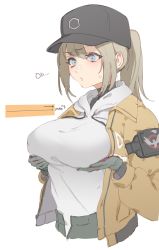 Rule 34 | 1girl, artworks/86213729, blue eyes, blush, breast lift, breasts, brown hair, dier (girls&#039; frontline), genderswap, genderswap (mtf), girls&#039; frontline, gloves, hat, highres, large breasts, long sleeves, ponytail, sidelocks, simple background, solo, sweatdrop, white background, zzzearly