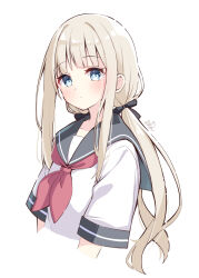 Rule 34 | 1girl, black bow, blue eyes, bow, brown hair, closed mouth, commentary request, cropped torso, grey sailor collar, hair bow, highres, long hair, looking at viewer, low twintails, neckerchief, ominaeshi (takenoko), original, red neckerchief, sailor collar, school uniform, serafuku, shirt, short sleeves, sidelocks, signature, simple background, solo, twintails, upper body, very long hair, white background, white shirt