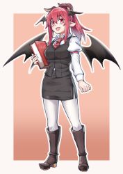 Rule 34 | 1girl, armband, bat wings, black skirt, black vest, blush, book, boots, border, brown footwear, collared shirt, demon girl, dot nose, head wings, holding, holding book, horns, knee boots, koakuma, long hair, long sleeves, looking at viewer, nc, necktie, open mouth, pantyhose, pencil skirt, pink background, pointy ears, red eyes, red hair, ryuuno stadtfeld, shirt, skirt, slit pupils, smile, solo, touhou, vest, white border, white pantyhose, wings