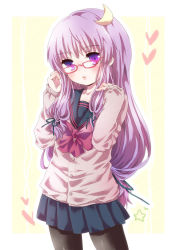 Rule 34 | 1girl, alternate costume, bespectacled, black pantyhose, blue skirt, bow, contemporary, crescent, crescent hair ornament, female focus, glasses, hair ornament, heart, kuromame (8gou), long hair, miniskirt, open mouth, pantyhose, patchouli knowledge, pleated skirt, purple eyes, purple hair, red-framed eyewear, ribbon, school uniform, skirt, solo, touhou