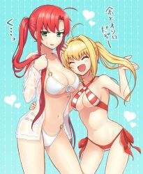 Rule 34 | 2girls, :d, ^ ^, ahoge, bikini, blonde hair, blouse, blue background, blush, boudica (fate), boudica (shining goddess) (fate), boudica (third ascension) (fate), breasts, cleavage, closed eyes, earrings, fate/grand order, fate (series), green eyes, halterneck, jewelry, large breasts, long hair, looking to the side, medium breasts, multiple girls, nakamura hinato, navel, nero claudius (fate), nero claudius (fate) (all), nero claudius (swimsuit caster) (fate), o-ring, o-ring bikini, open clothes, open mouth, open shirt, red hair, see-through, shirt, side-tie bikini bottom, size difference, smile, standing, striped bikini, striped clothes, swimsuit, translated, twintails, white bikini