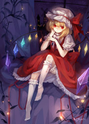 Rule 34 | 1girl, argyle, argyle clothes, argyle legwear, blonde hair, branch, colored eyelashes, curtains, dhiea, embodiment of scarlet devil, expressionless, eyelashes, female focus, flandre scarlet, frilled socks, frills, glowing, hat, head rest, kneehighs, lace, night, red eyes, ribbon, short hair, signature, sitting, socks, solo, touhou, white socks, windmill, wings