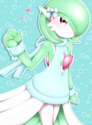 Rule 34 | 1girl, absurdres, arm at side, bare shoulders, blue background, blue bow, blue sweater, blush, bob cut, bow, closed mouth, clothed pokemon, clothing cutout, colored skin, cowboy shot, creatures (company), drop shadow, female focus, flat chest, game freak, gardevoir, gen 3 pokemon, green hair, green skin, hair bow, hair over one eye, hand up, happy, heart, highres, looking at viewer, meme attire, multicolored skin, nintendo, one eye covered, outline, pokemon, pokemon (creature), red eyes, short hair, sleeveless, sleeveless sweater, smile, solo, split mouth, standing, star (symbol), starry background, sweater, tahita, thighs, two-tone skin, virgin killer sweater, white outline, white skin, wrist cuffs